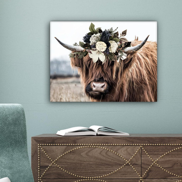 MuchoWow Leinwand Bilder, Einzigartige Wanddeko mit Rahmen, Schottische Highlander - Blumen - Hoorn,