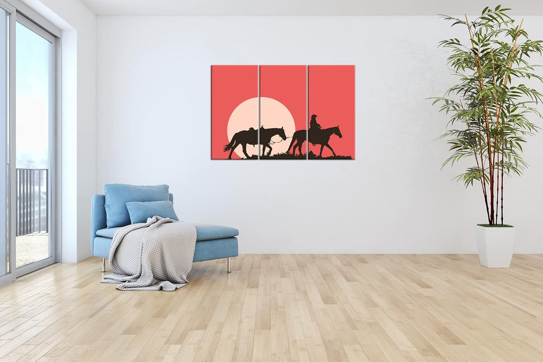 deyoli Cowboy im Sonnenuntergang Format: 3-teilig 120x80 als Leinwand, Motiv fertig gerahmt auf Echt