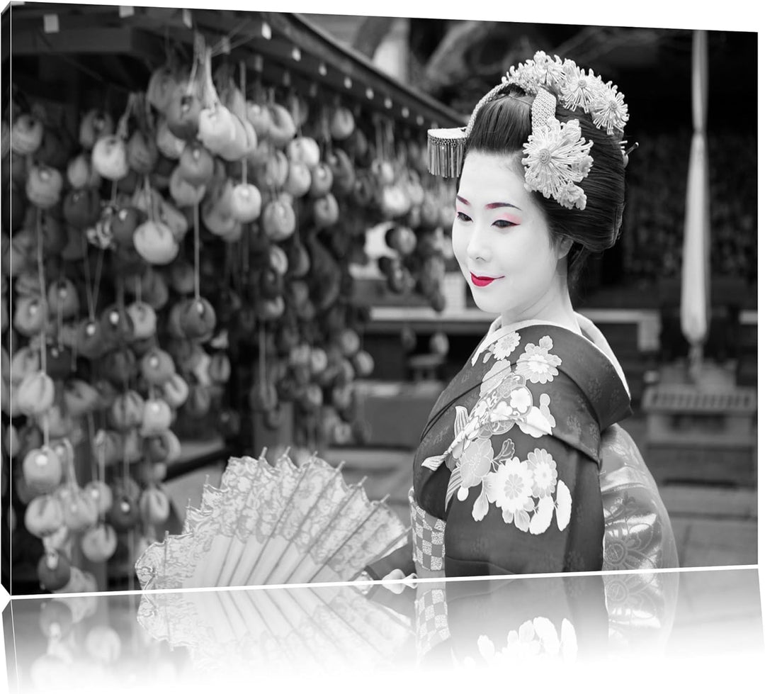 schöne Geisha mit Fächer schwarz/weiss Format: 100x70 auf Leinwand, XXL riesige Bilder fertig gerahm