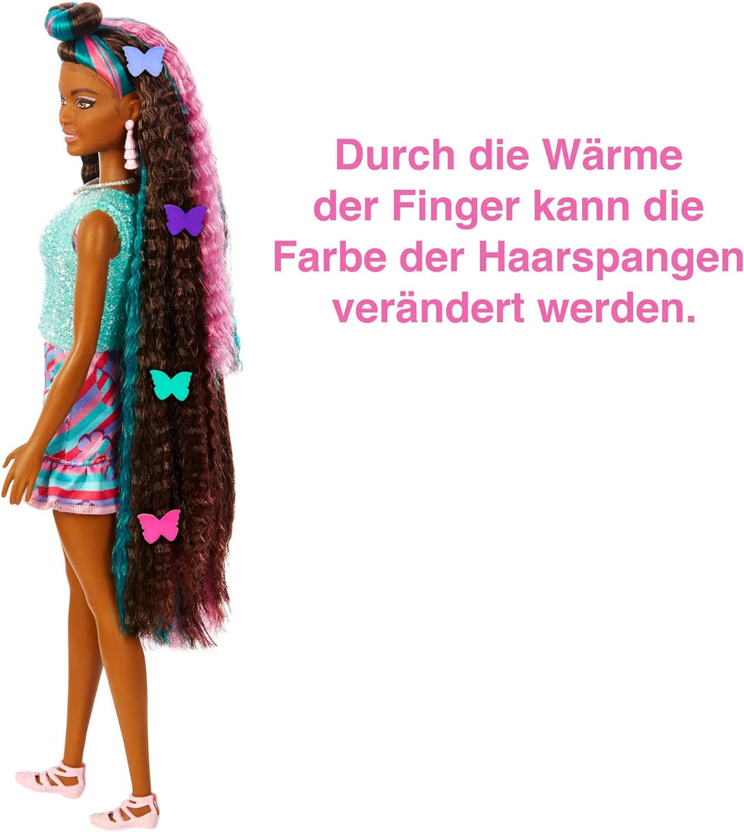 Barbie Totally Hair, Barbie-Puppe mit blauem, rosa & schwarzem Haar, buntes Schmetterlingskleid, Haa
