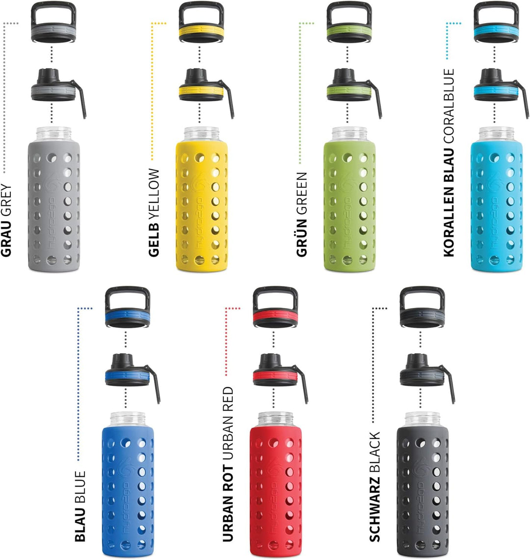 hydro2go® Trinkflasche aus Glas mit Silikonhülle 950 ml - spülmaschinenfest | 2 auswechselbare Decke