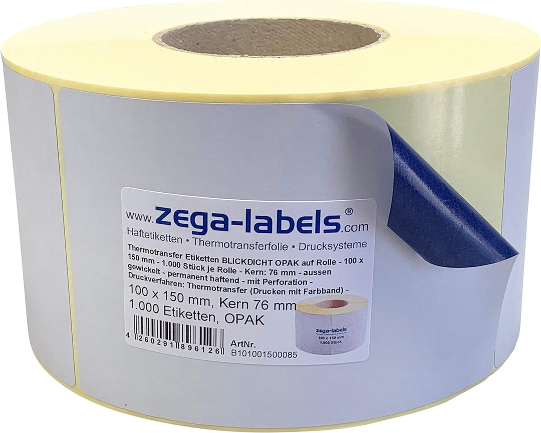 Thermotransfer Etiketten BLICKDICHT OPAK auf Rolle - 100 x 150 mm - 1.000 Stück je Rolle - Kern: 76