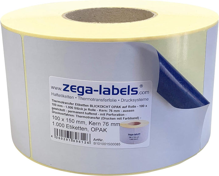Thermotransfer Etiketten BLICKDICHT OPAK auf Rolle - 100 x 150 mm - 1.000 Stück je Rolle - Kern: 76