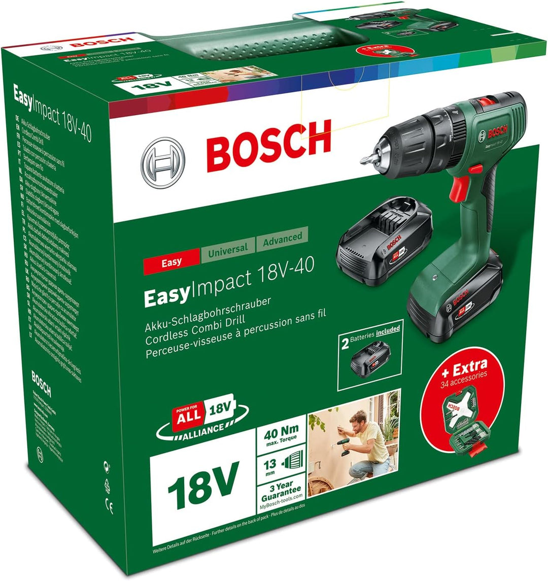 Bosch Home and Garden Akku Schlagbohrschrauber EasyImpact 18V-40 (2x Akku 2,0 Ah, 18 Volt System, mi