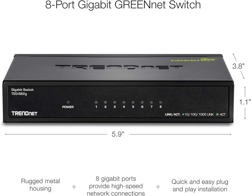 TRENDnet TEG-S82G 8-Port Gigabit GREENnet Switch, Ethernet Splitter, 10/100/1000 Mbps, Lüfterlos, 16