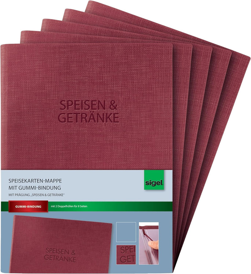 SIGEL SM113 Speisekarten-Mappen mit Gummi-Bindung für A5, 5er Pack, bordeauxrot mit edler Leinenstru