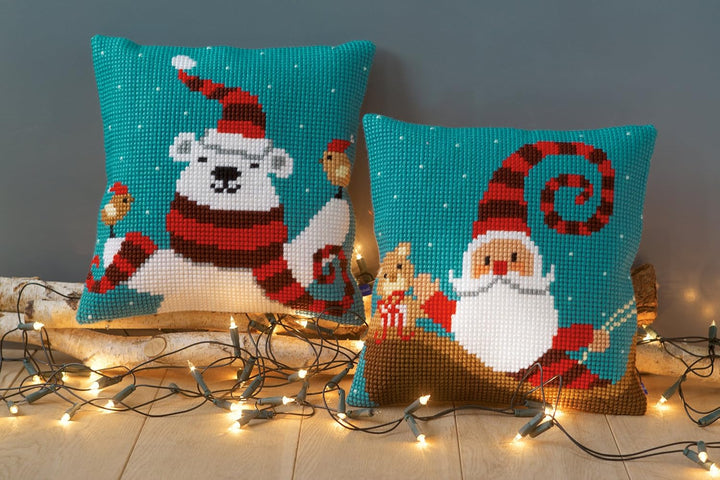 Vervaco Kreuzstichkissen Lustier Weihnachtsmann Kreuzstichpackung, Stramin, Weiss, 40 x 40 x 0,3 cm
