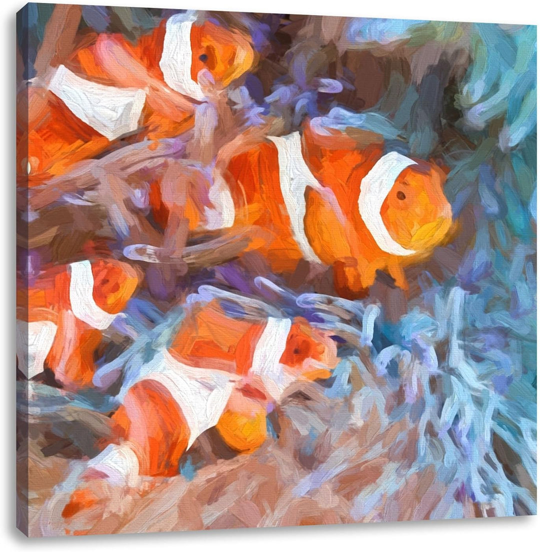 Pixxprint süsse Clownfische in Anemone als Leinwandbild/Grösse: 70x70 cm/Wandbild/Kunstdruck/fertig