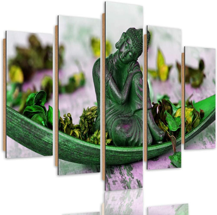 Feeby Deco Bild 5 Teilig Buddha Wanddekoration Blumen Blätter Meditation grün 200x100 cm Deco panel