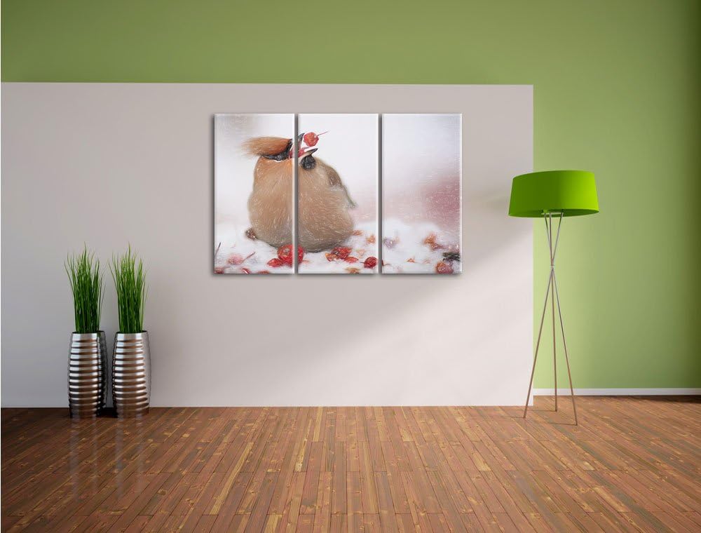 Pixxprint Kleiner Vogel im Schnee Bunstift Effekt 3-Teiler Leinwandbild 120x80 Bild auf Leinwand