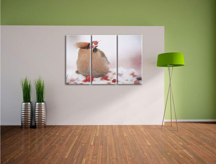 Pixxprint Kleiner Vogel im Schnee Bunstift Effekt 3-Teiler Leinwandbild 120x80 Bild auf Leinwand