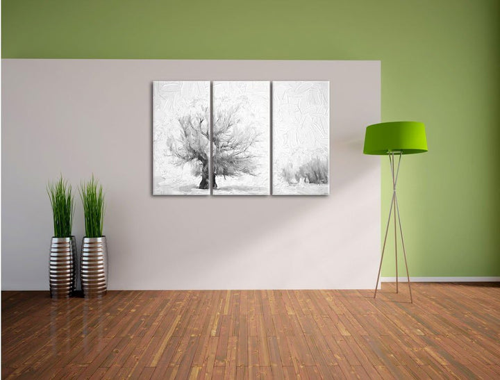 Pixxprint verschneite Bäume Pinsel Effekt 3-Teiler Leinwandbild 120x80 Bild auf Leinwand