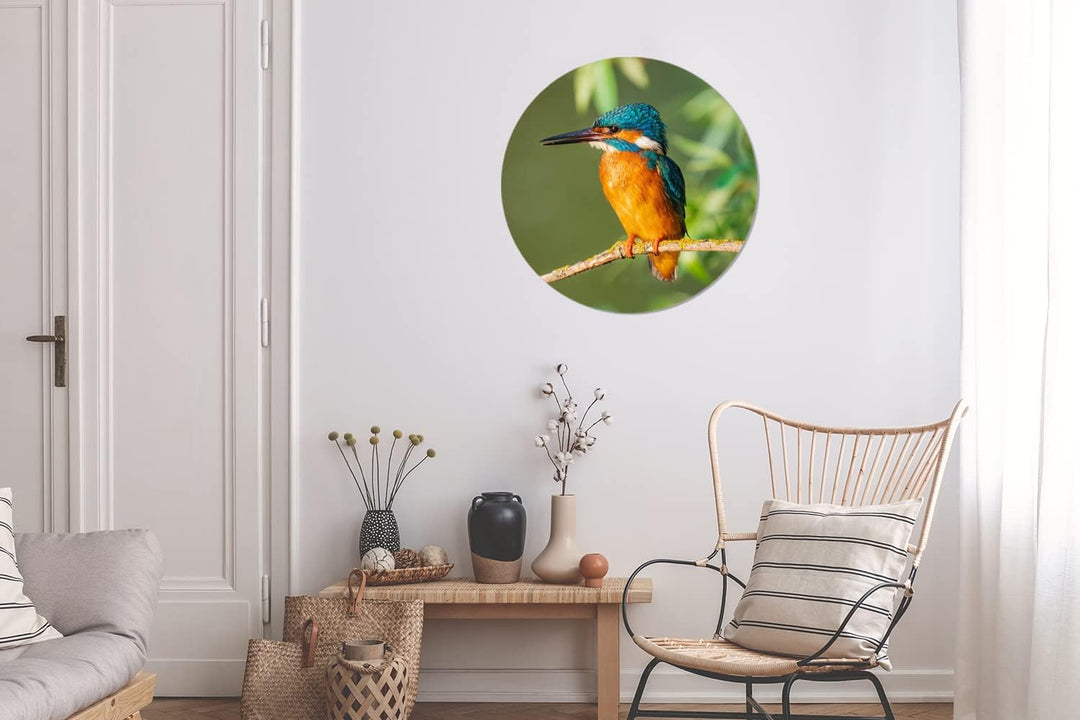 MuchoWow Wandbild Rund Wanddeko Deko Wohnzimmer Bilder 60x60 cm Vogel - Eisvogel - Zweig - Blätter -
