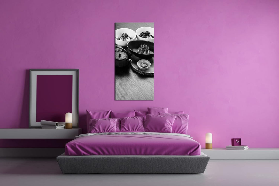 lecker angerichtetes Sushi Panorama 120x60 cm Effekt: Schwarz/Weiss als Leinwandbild, Motiv fertig g