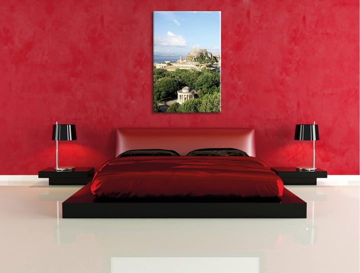 Pixxprint Griechische Entspannungsoase / 100x70cm Leinwandbild bespannt auf Holzrahmen/Wandbild Kuns