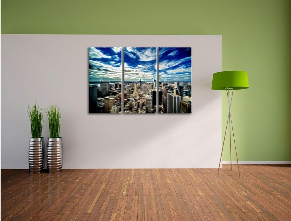 Pixxprint New York von Oben Neon Lights Effekt 3-Teiler Leinwandbild 120x80 Bild auf Leinwand