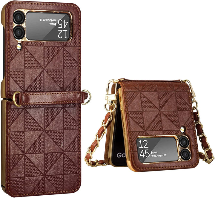 Hülle für Galaxy Z Flip 3 5G,Ultradünne Stossfeste Leder-Handyhülle mit Schultergurt kompatibel mit