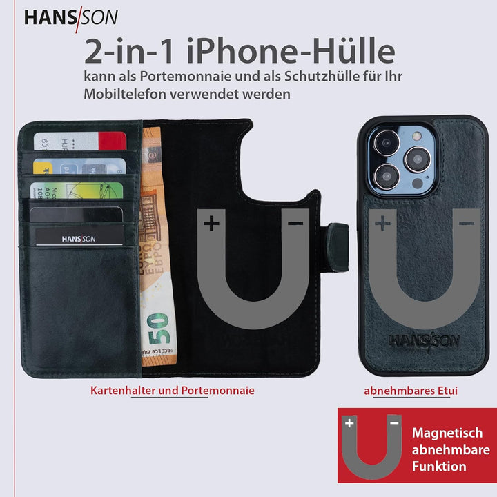 HANS/SON Hülle aus Echtleder mit Kartenfächern | iPhone 12 Pro Max Klapphülle in Petrol | Geldbeutel