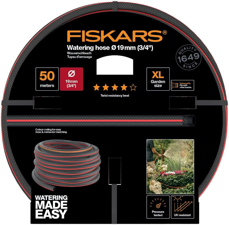 Fiskars Wasserschlauch XL, Universalgrösse, UV-geschützt, Druckgeprüft, Verwindungssteifigkeit Stufe