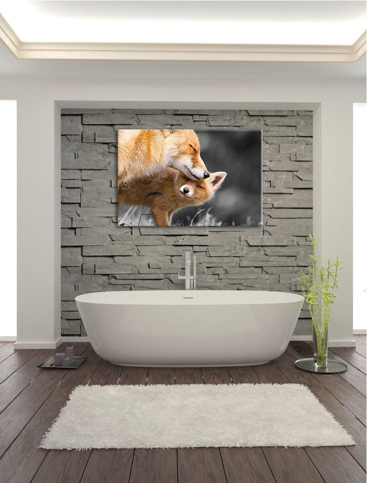 süsse kuschelnden Füchse schwarz/weiss Format: 100x70 auf Leinwand, XXL riesige Bilder fertig gerahm