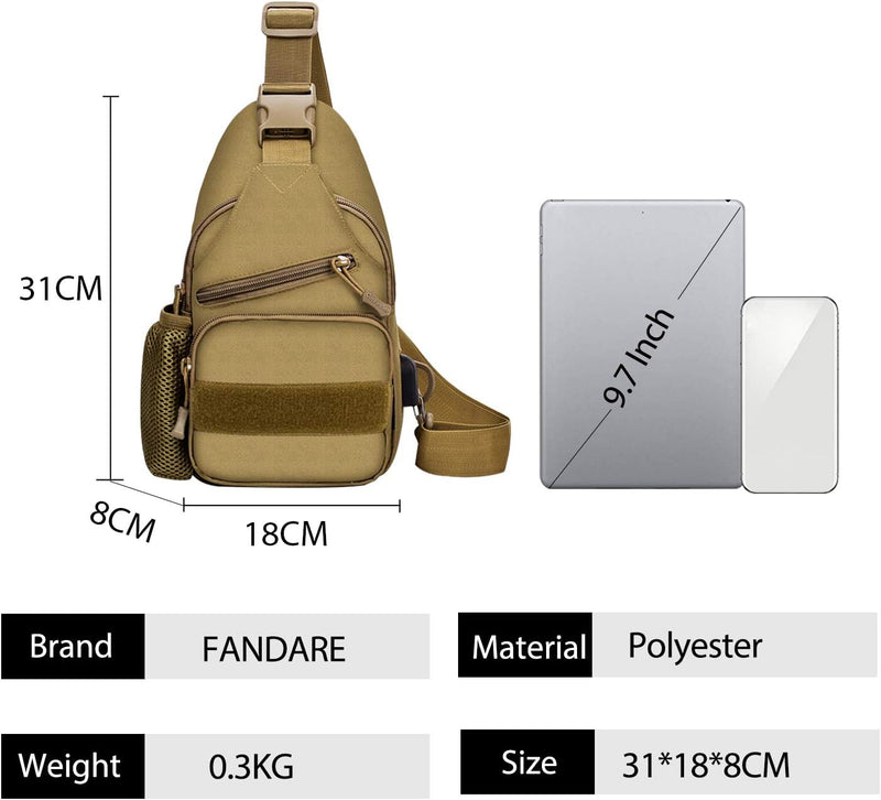 FANDARE Tactical Schultertasche Herren Brusttasche Umhängetasche Rucksack mit USB Sling Rucksack Mil