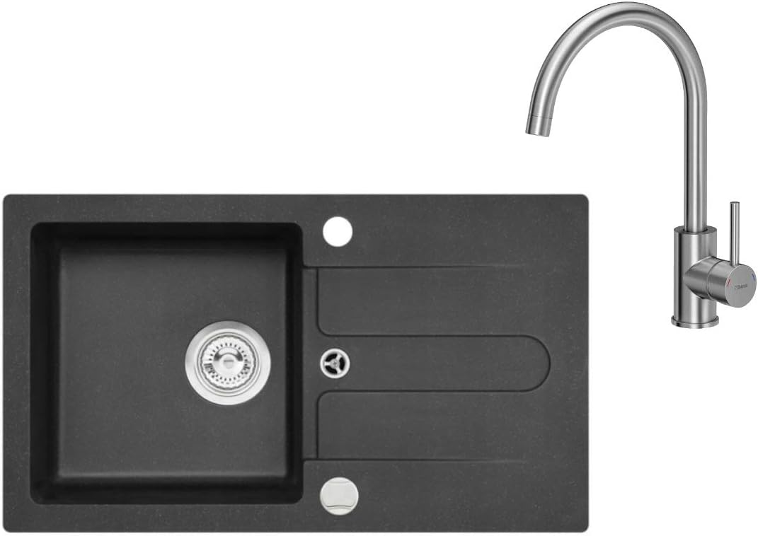VBChome Spüle Schwarz 75 x 42 cm mit Armatur Spültischarmatur Granit Einzelbecken Einbauspüle gespre