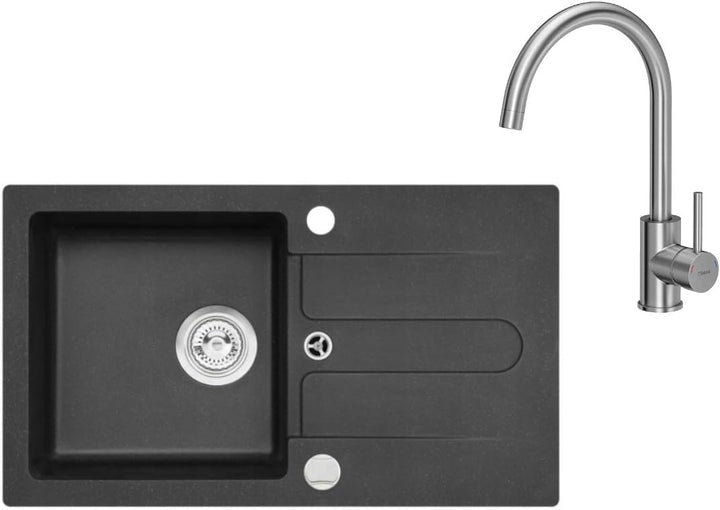 VBChome Spüle Schwarz 75 x 42 cm mit Armatur Spültischarmatur Granit Einzelbecken Einbauspüle gespre