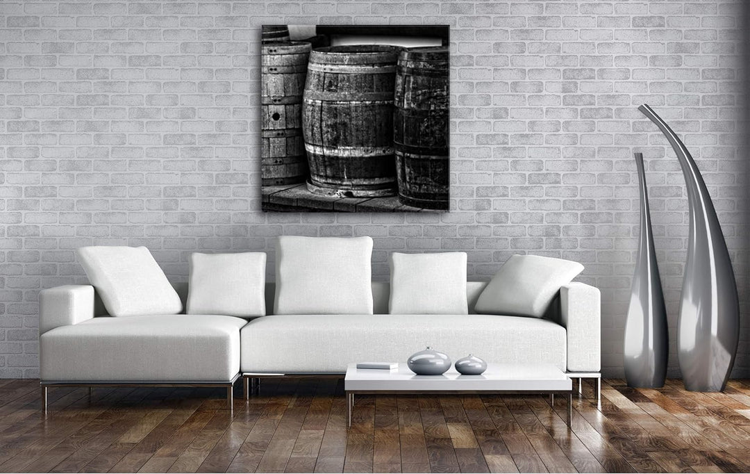 deyoli alte Holzfässer mit Wein im Format: 70x70 Effekt: Schwarz&Weiss als Leinwandbild, Motiv ferti