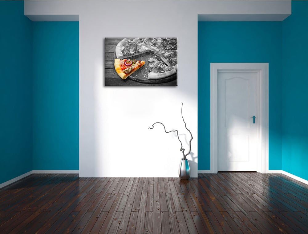 geschnittene Pizza auf Holzbrett schwarz/weiss Format: 100x70 auf Leinwand, XXL riesige Bilder ferti