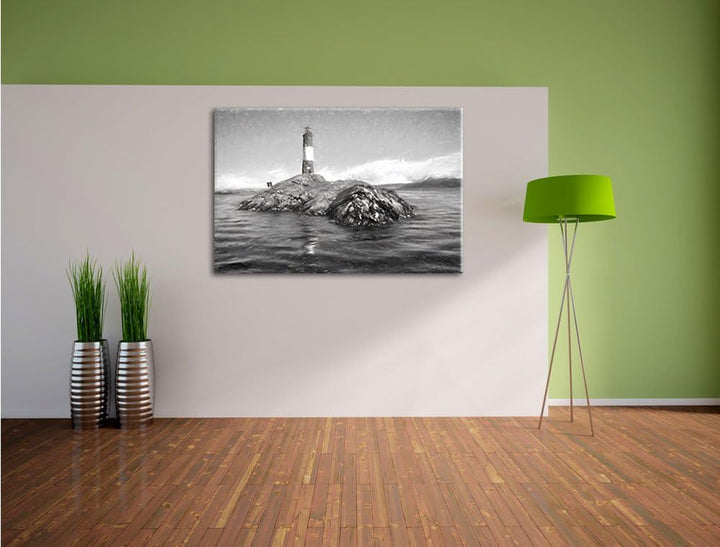 Pixxprint Leuchtturm mit Robben auf Kleiner Insel im Meer Kohle Zeichnung Effekt, Format: 100x70 auf