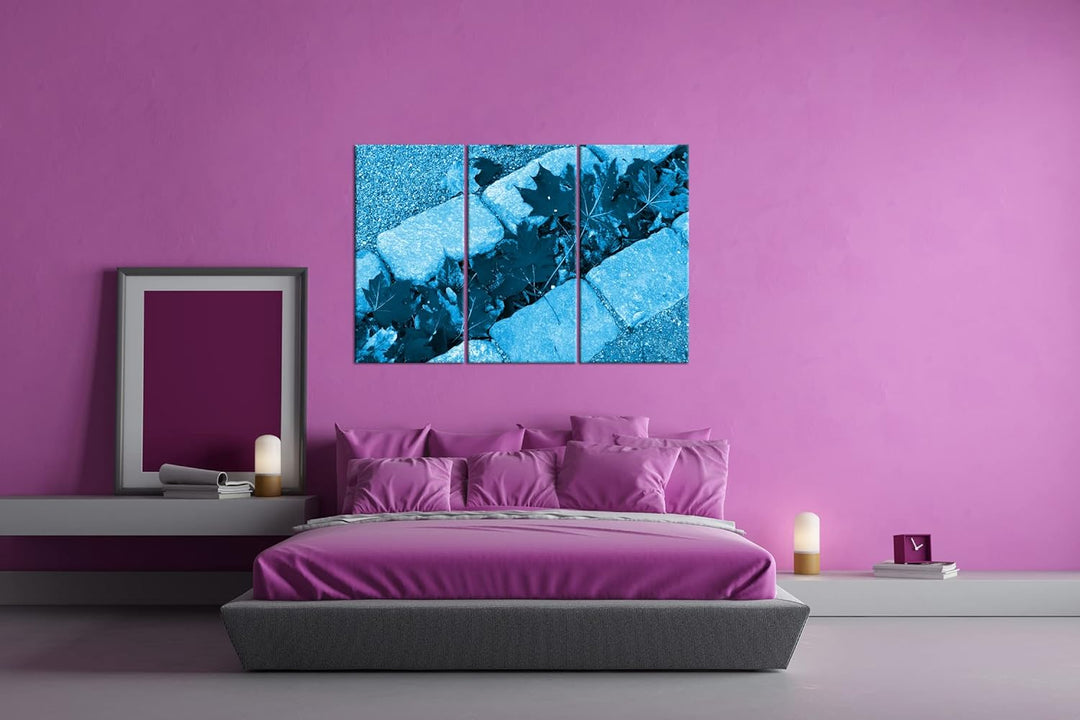 gelbe Ahornblätter auf dem Weg Format 120x80 3Teilig Effekt: Monocrome Blau als Leinwandbild, Motiv
