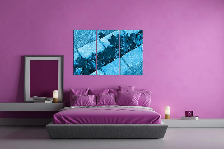 gelbe Ahornblätter auf dem Weg Format 120x80 3Teilig Effekt: Monocrome Blau als Leinwandbild, Motiv