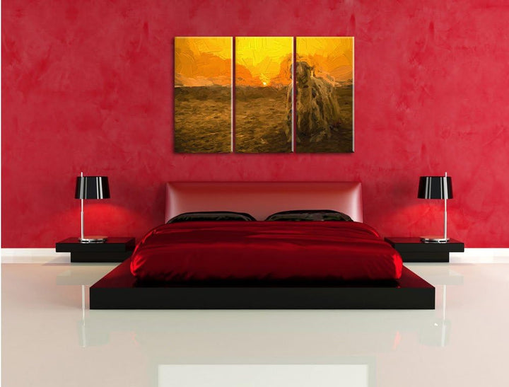 Pixxprint Kamel in ägyptischer Wüste / 3-Teilig/Gesamtmass 120cm Leinwandbild bespannt auf Holzrahme