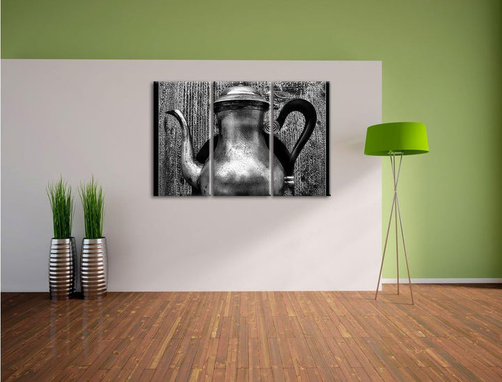 Pixxprint stilvolle alte Teekanne aus Metall als Leinwandbild/Grösse: 3 Teilig (120x80 cm) cm/Wandbi