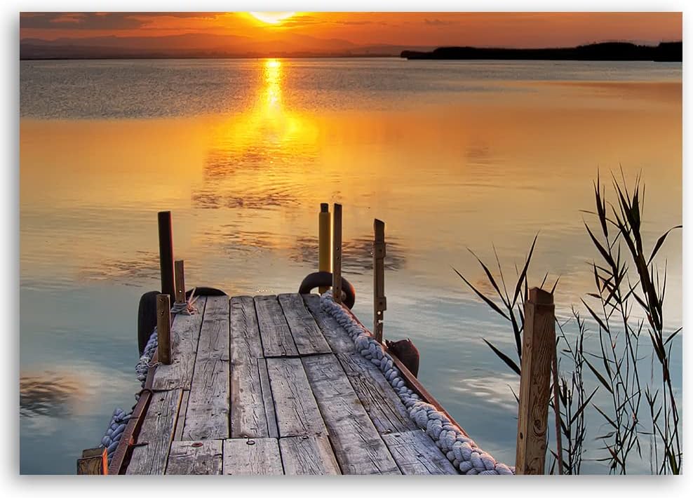 Feeby Vlies Leinwandbild Strand See Holzsteg Sonnenuntergang 90x60 cm Druckbild Wandbild Wanddekorat