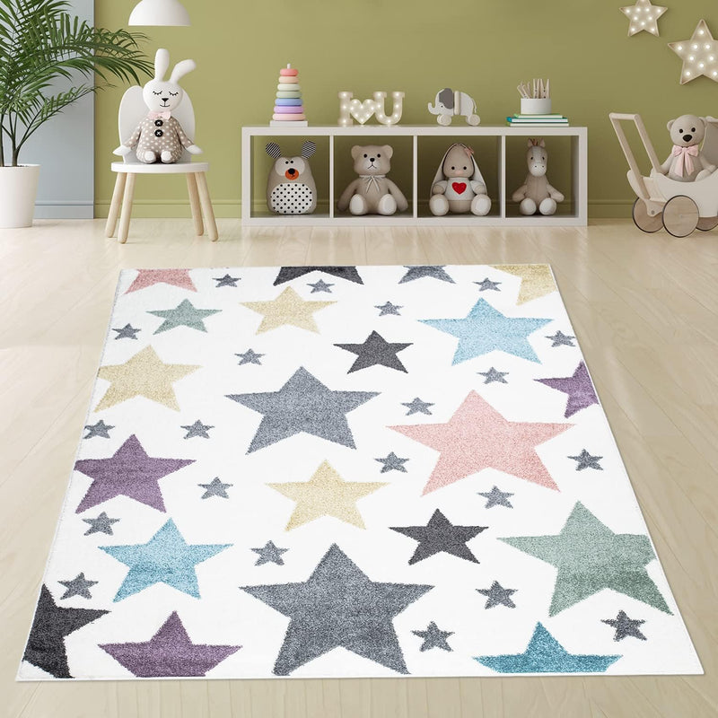 payé Teppich Kinderzimmer Läufer - Cream Bunt - 80x150cm - Sterne in Pastellfarben Sternenteppich Sp