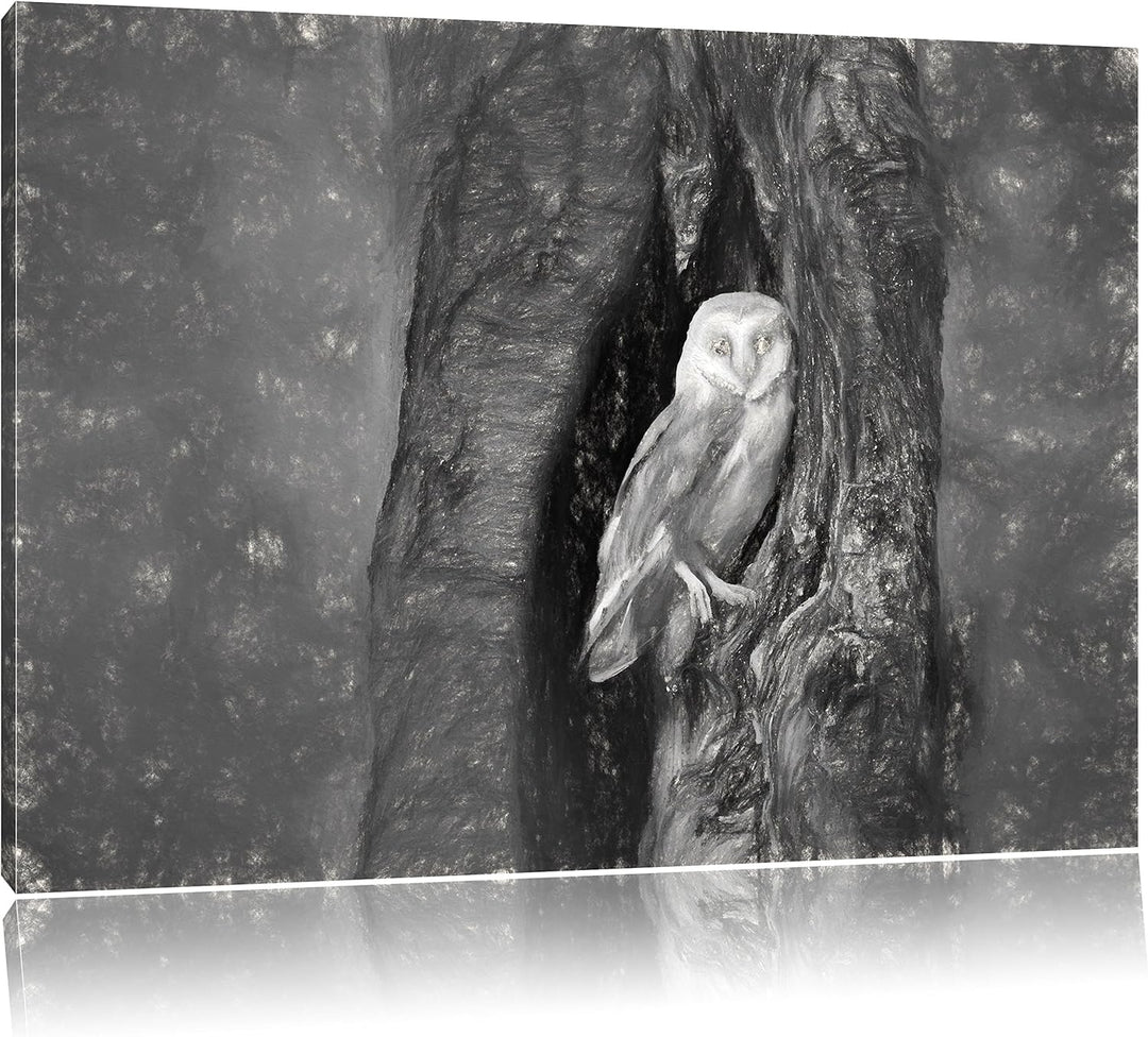 Pixxprint Schleiereule in der Baumhöhle Kunst Kohle Effekt, Format: 100x70 auf Leinwand, XXL riesige
