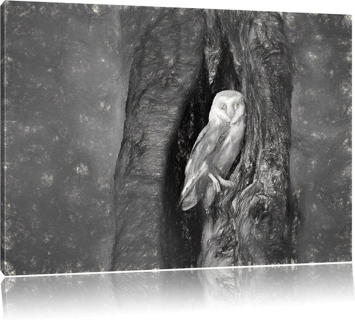 Pixxprint Schleiereule in der Baumhöhle Kunst Kohle Effekt, Format: 100x70 auf Leinwand, XXL riesige