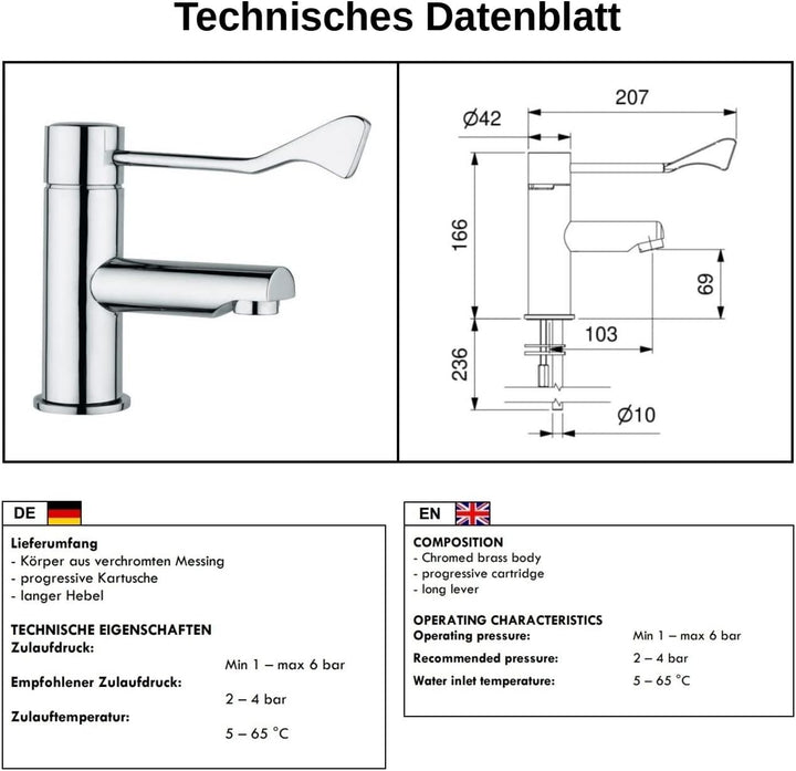 Hygiene-Armatur/Waschtischarmatur/OP-Armatur/Praxisarmatur - mit langem Armhebel
