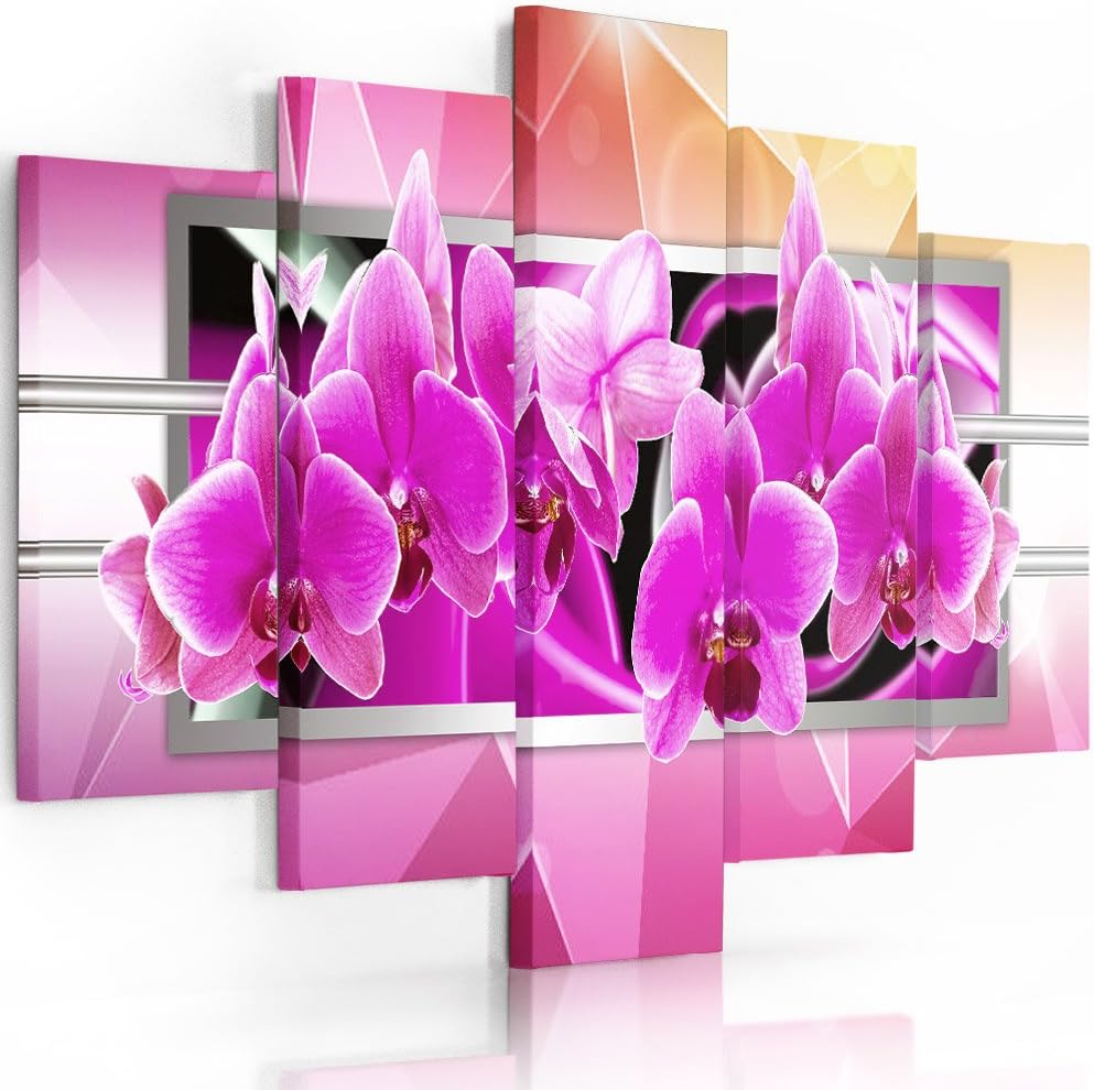 Feeby Frames, Leinwandbild Bilder Wand Bild - 5 Teile - Wandbilder Kunstdruck (ORCHIDEE, ROSA) 150x1