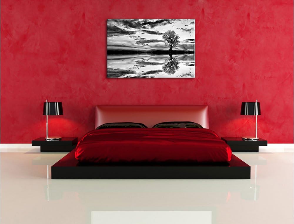 Pixxprint Monocrome, Einsamer Baum spiegelt Sich im Wasser, Format: 100x70 auf Leinwand, XXL riesige