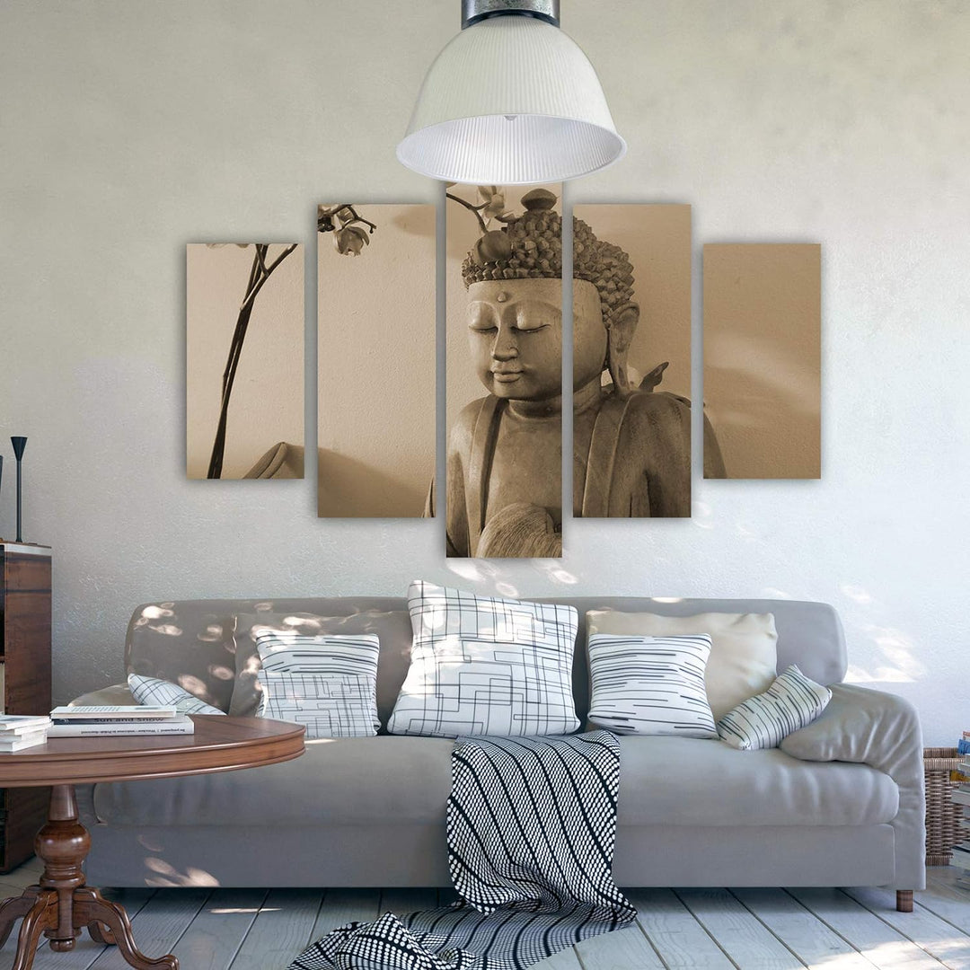 Wandbild XXL 5 Teilig Buddha Leinwandbild Figur Blumen Zen Spa Sepia 300x140 cm Leinwandbild 300x140