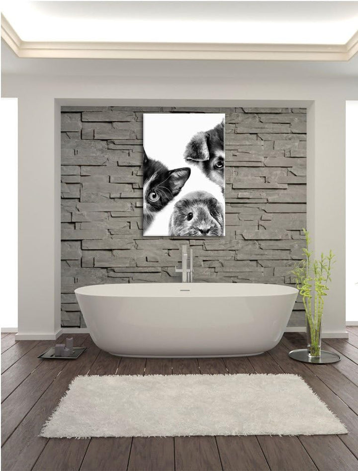 Pixxprint Trio Hund Katze Meerschwein / 100x70cm Leinwandbild bespannt auf Holzrahmen/Wandbild Kunst