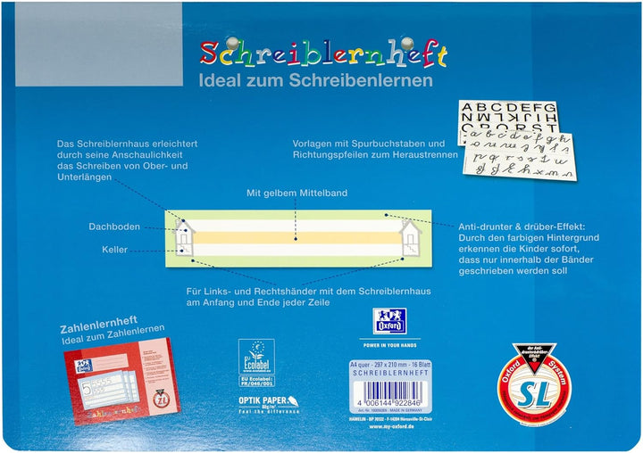 Oxford Schreiblernheft, A4 quer, Lineatur SL, 16 Blatt, 10 Stück Lineatur SL + farbiges Mittelband S