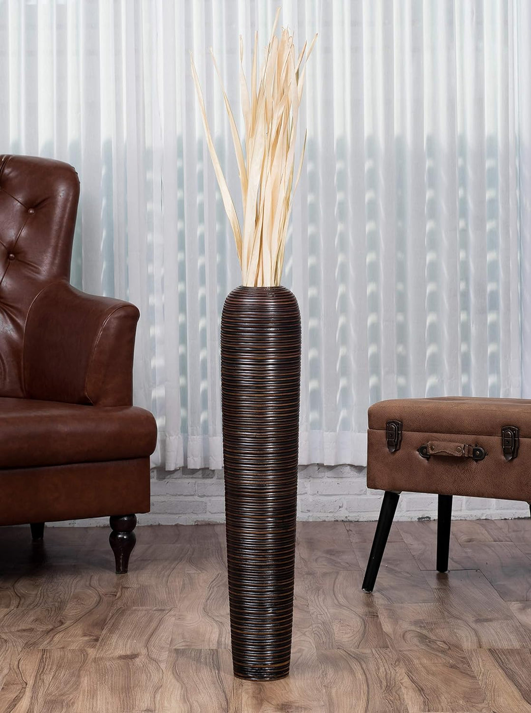 Leewadee Grosse Bodenvase für Dekozweige hohe Standvase Design Holzvase, Holz, 70 cm, Braun, 70 cm
