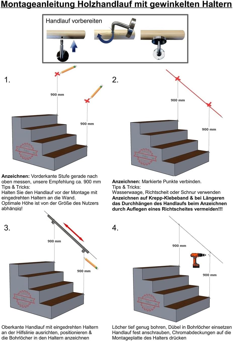 TIBU Eiche Holz Handlauf Geländer 0,3m - 6m, Länge 100 cm, Ende Radius gefräst und 2 gewinkelte Halt