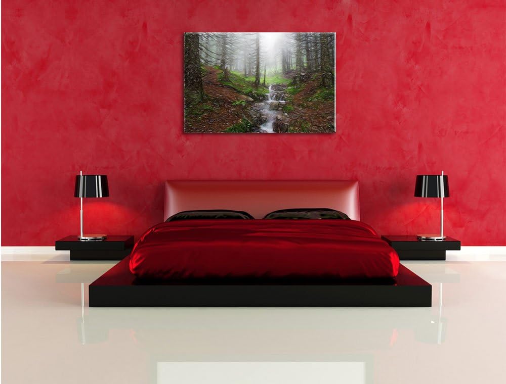 Pixxprint Bach im Wald / 100x70cm Leinwandbild bespannt auf Holzrahmen/Wandbild Kunstdruck Dekoratio