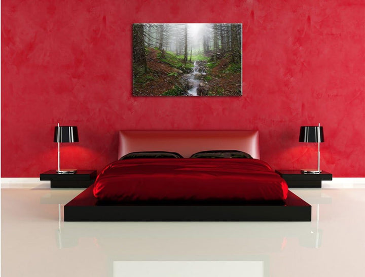 Pixxprint Bach im Wald / 100x70cm Leinwandbild bespannt auf Holzrahmen/Wandbild Kunstdruck Dekoratio