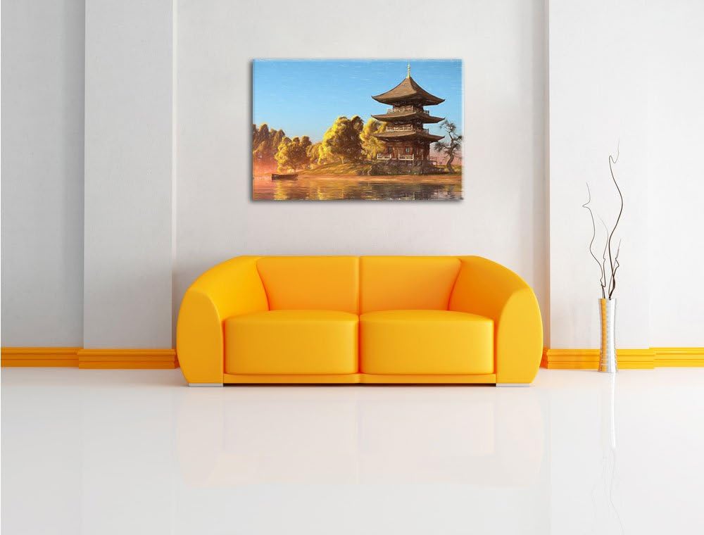Pixxprint prachtvoller asiatischer Tempel an See Kunst Buntstift Effekt, Format: 100x70 auf Leinwand