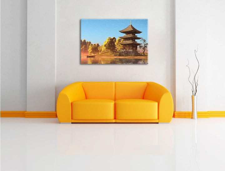 Pixxprint prachtvoller asiatischer Tempel an See Kunst Buntstift Effekt, Format: 100x70 auf Leinwand